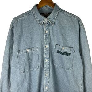 Vintage 90s Harley Davidson Sz L Denim Button Up Shirt Biker Mechanic Chambray